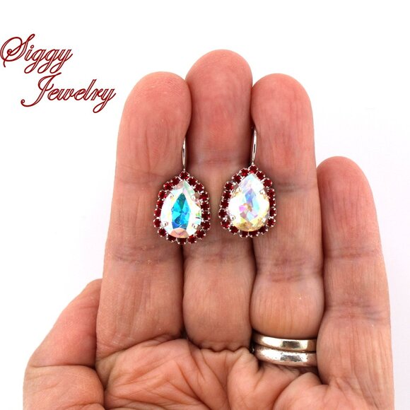 Crystal AB Pear Teardrop Earrings with Siam Red Halo and Rhodium Finish - Picture 5 of 6